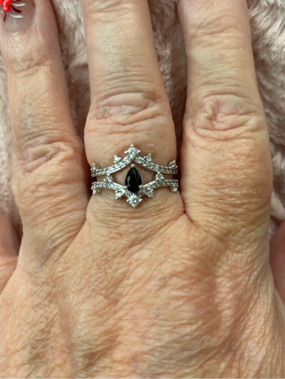 Silvertone  Black onyxTeardrop Crown Ring with Clear Accent Stones 2 piece ring